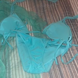 Two piece bathing suit with cover up teal/ light blue